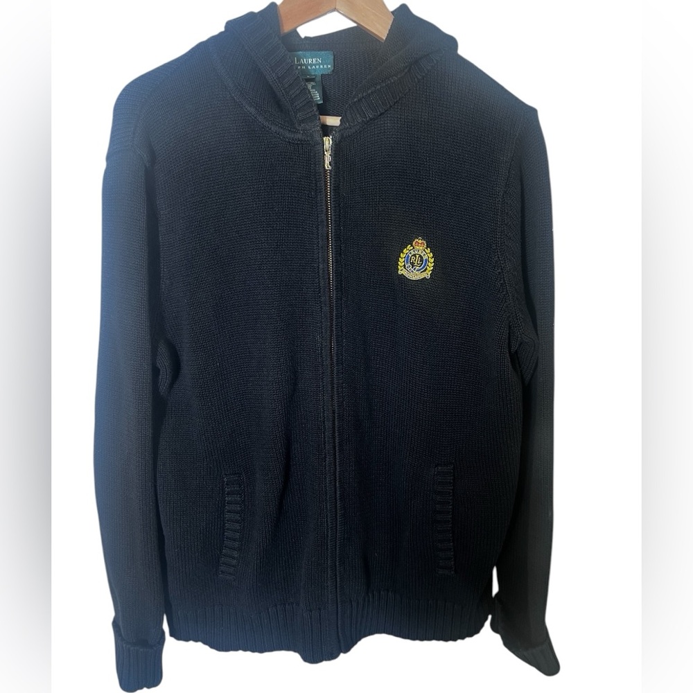 LAUREN RALPH LAUREN Crest Logo Black Cardigan Full Zip Pockets Hooded Size L